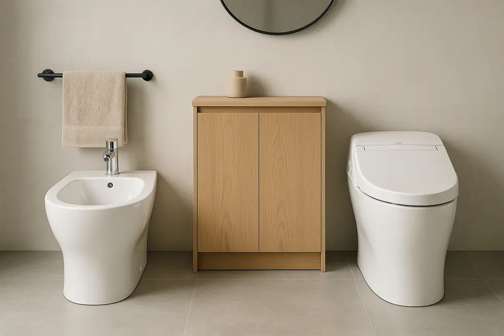 Modern bathroom featuring both a bidet and a Washlet, demonstrating traditional and advanced hygiene technologies.
