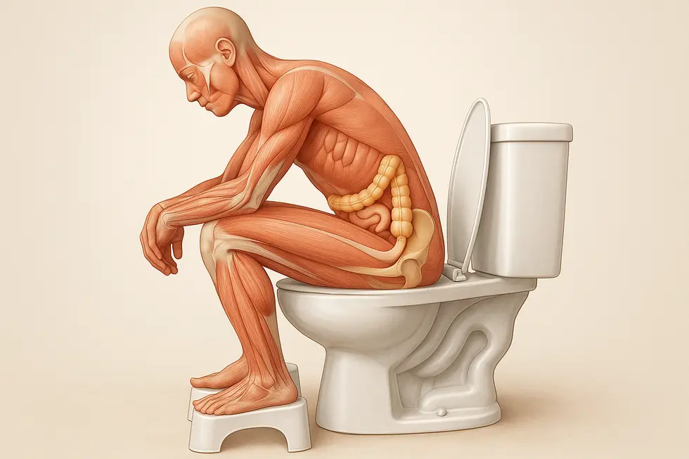 Diagram showing the physical benefits of squatting posture using a toilet stool.