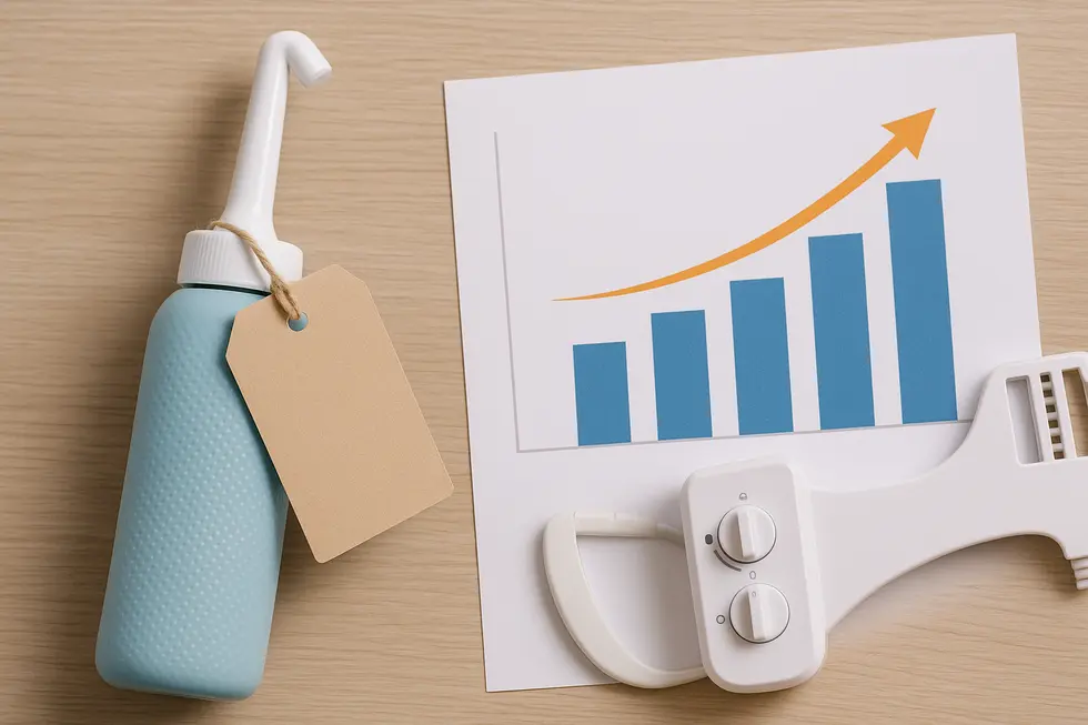 A visual comparison highlighting the design and portability of a travel bidet and a bidet attachment.