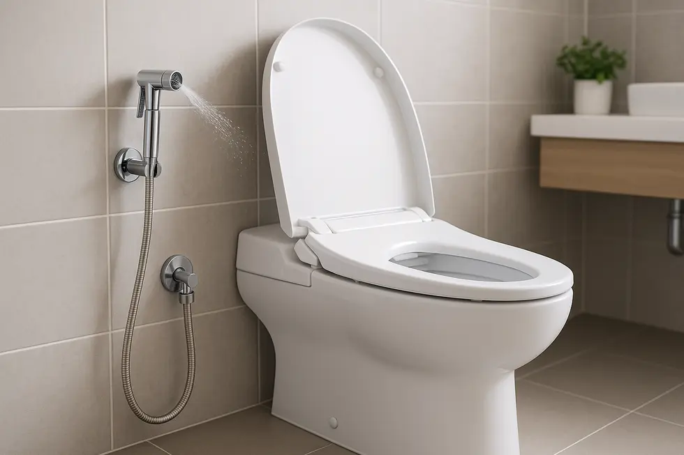 A modern bathroom with both a bidet sprayer and a bidet seat, showcasing options for improving family hygiene.