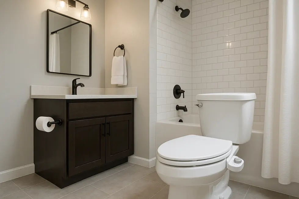 A view of a modern bathroom emphasizing a bidet attachment alongside classic bathroom fixtures.