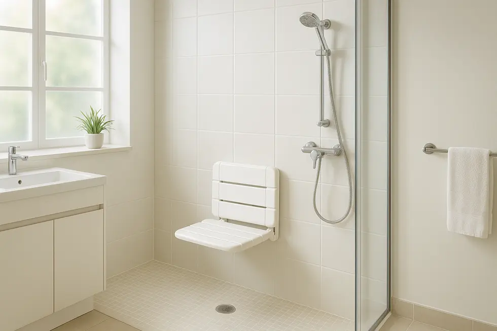 A contemporary bathroom with a wall-mounted shower seat folded against the wall.