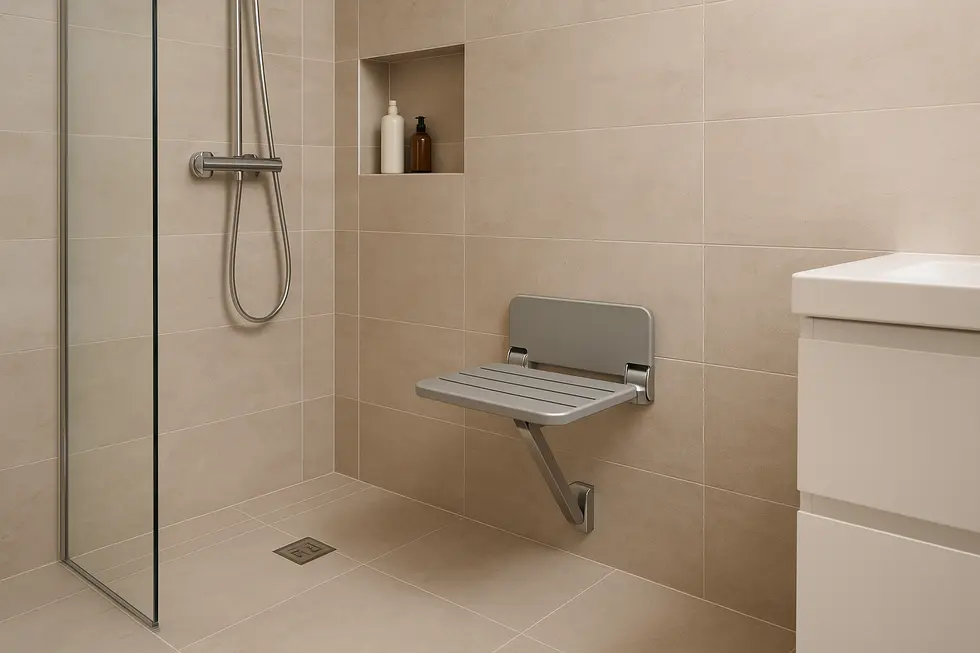A modern bathroom featuring a wall-mounted shower seat that combines style with safety.
