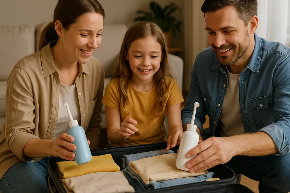Family packing mini portable bidets into a suitcase for travel.