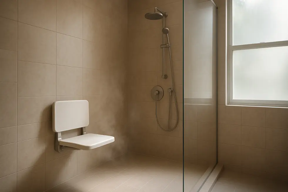Contemporary walk-in shower with a non-slip wall mounted seat emphasizing safety and accessibility.