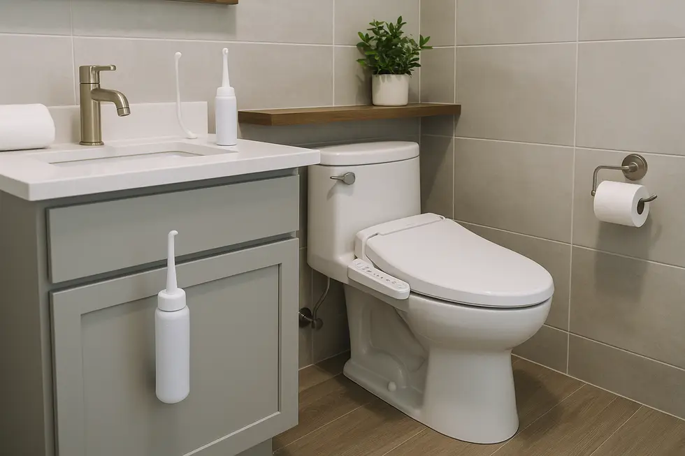Image of a bathroom with both a portable bidet and a washlet, illustrating family bathroom solutions.
