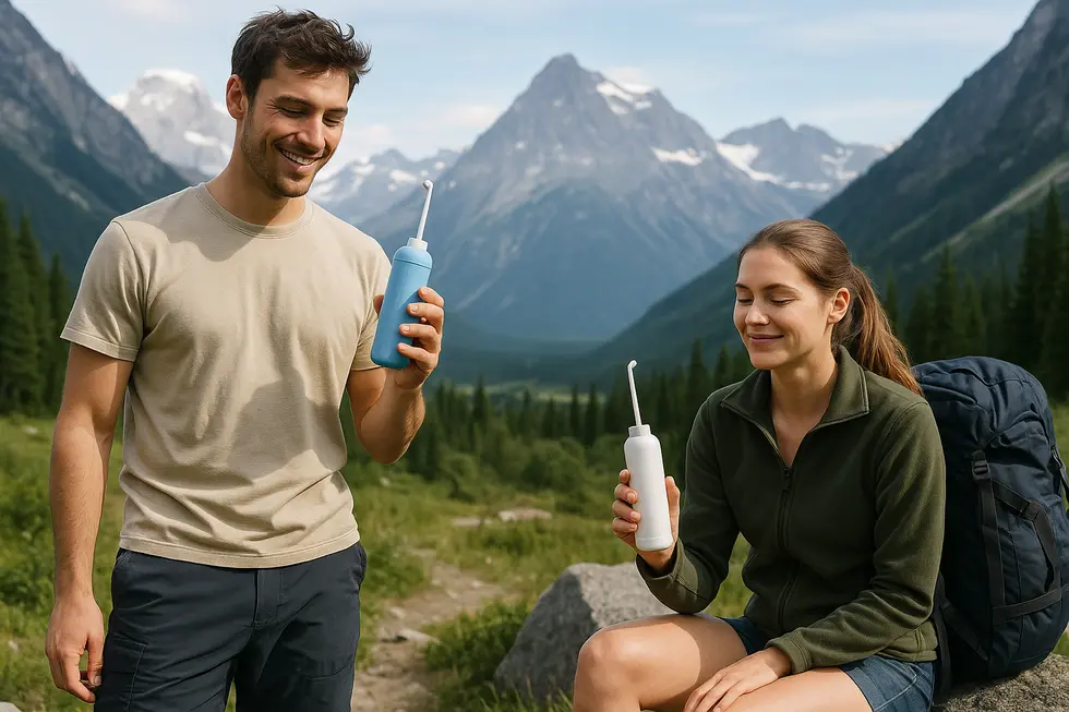 Travelers using portable bidets with mountains in the background, symbolizing eco-conscious travel habits.