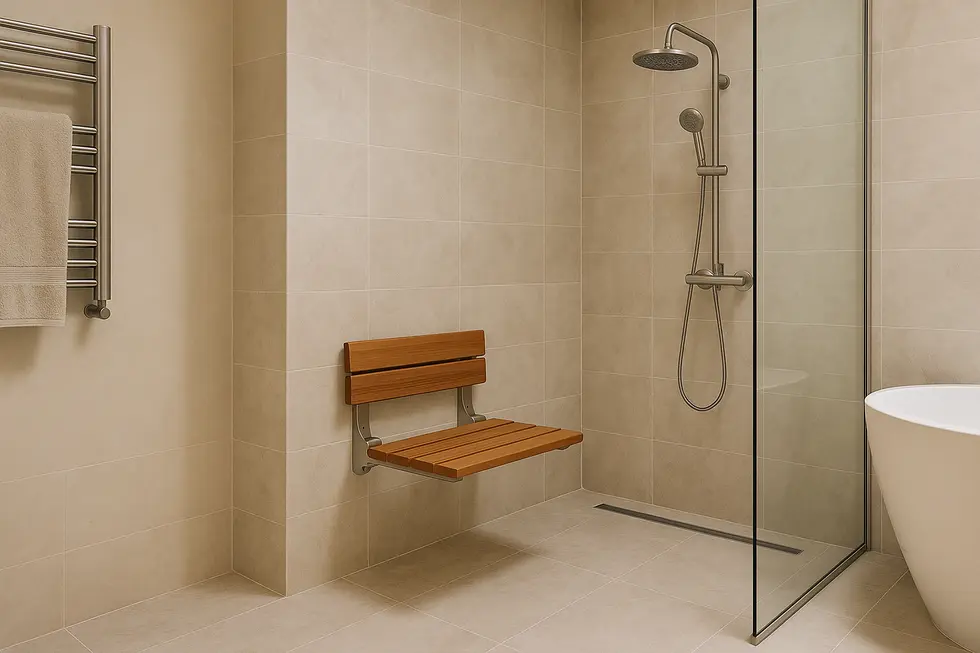 A wall mounted wooden shower seat in a stylish and elegant bathroom setting.
