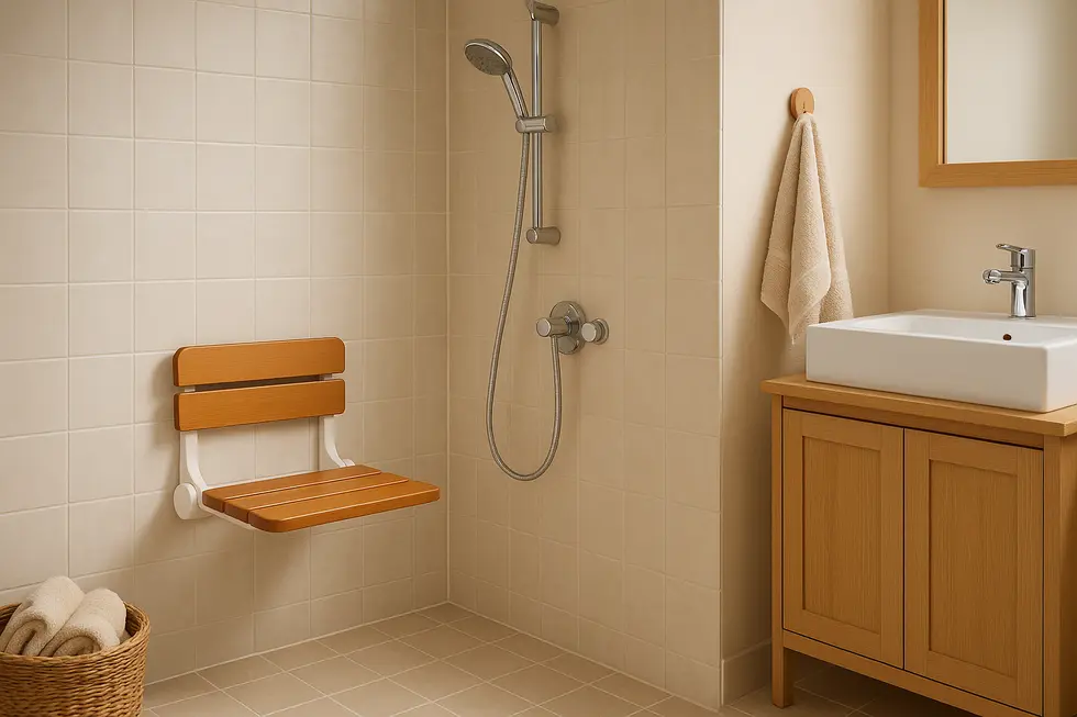 A tidy bathroom with a folded wall-mounted shower seat for family use.