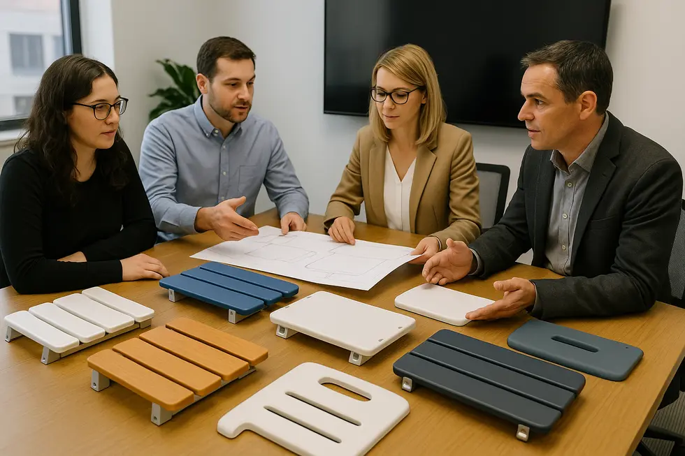 Manufacturing process of wall-mounted shower seats with emphasis on quality control.