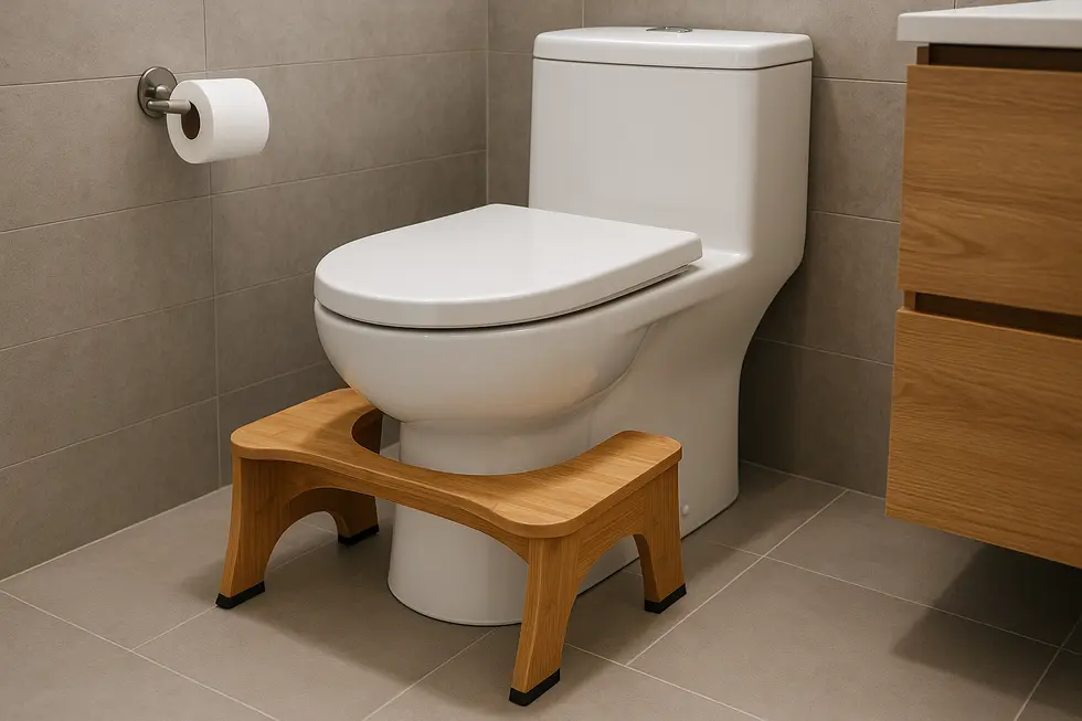A bamboo toilet stool showcases seamless design with practical features for enhanced usability.