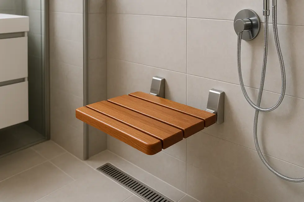 Modern bathroom featuring a teak wall-mounted shower seat.