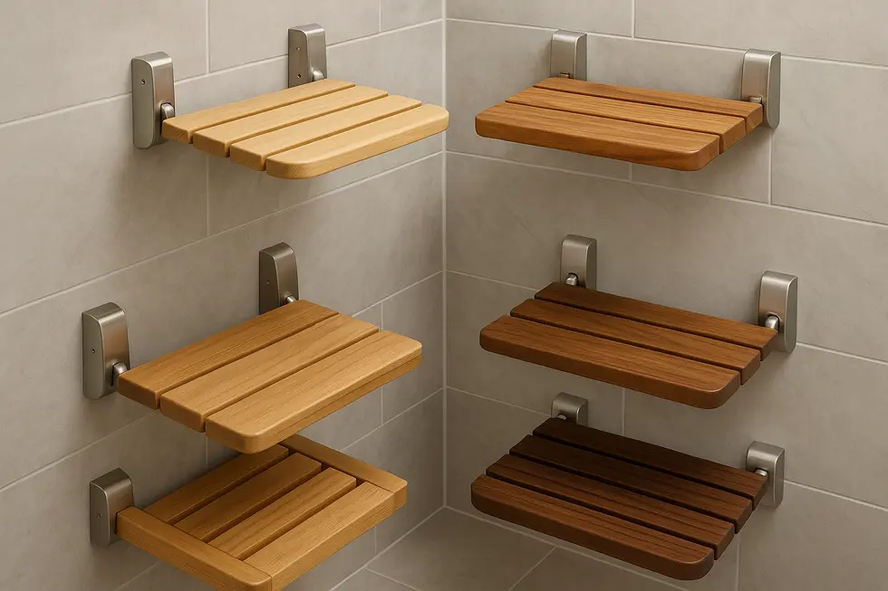 Diverse designs and materials of wall mounted wooden shower seats displayed.