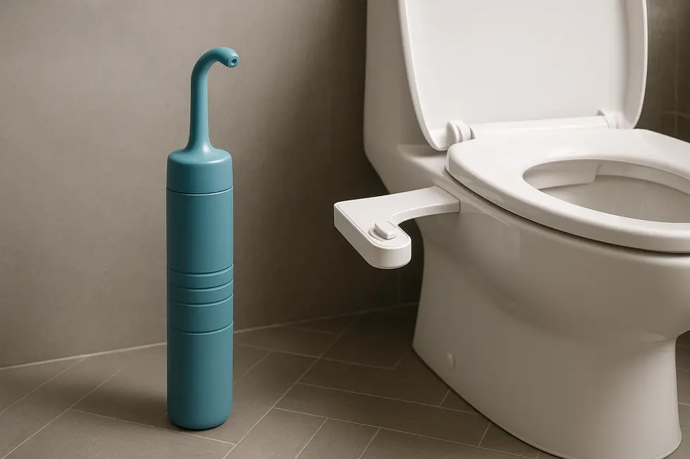 A visual comparison highlighting the design and portability of a travel bidet and a bidet attachment.
