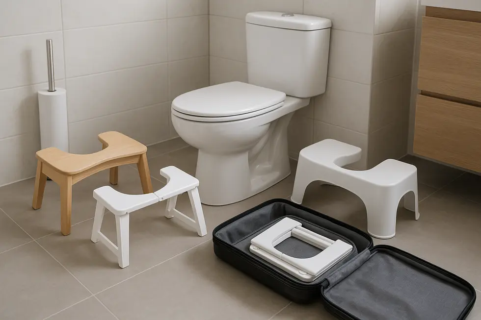 Diagram showing the physical benefits of squatting posture using a toilet stool.