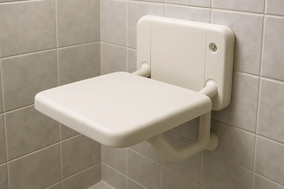 A robust plastic wall-mounted shower seat exemplifying durability in a wet environment.