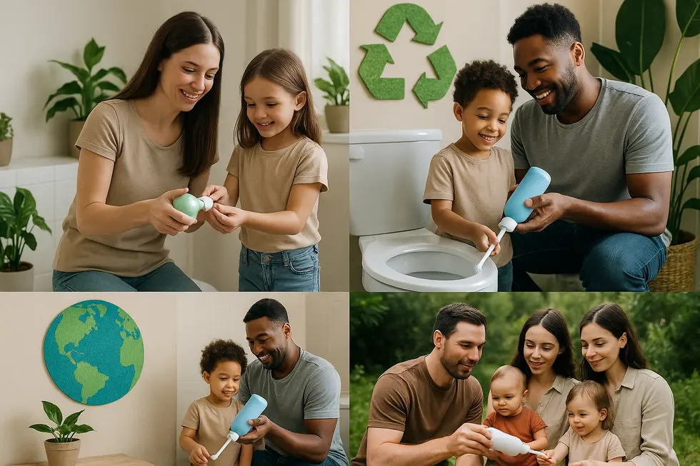Families utilizing eco-friendly portable bidets with a focus on sustainability and hygiene.