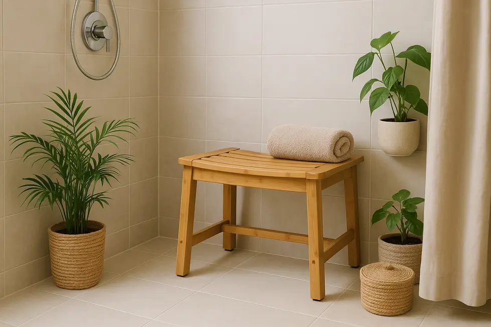 Bathroom setup with a bamboo shower seat surrounded by plants, symbolizing sustainability.