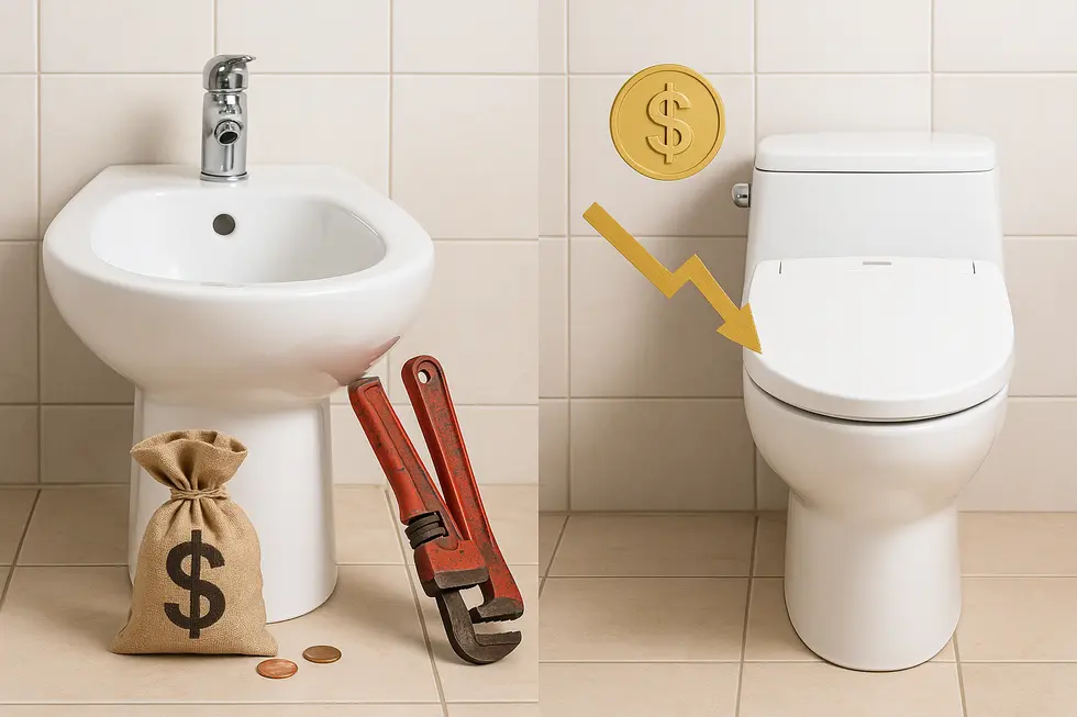 A modern bathroom displaying the technological differences between a bidet and a Washlet.