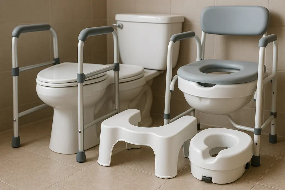 Collage of toilet stools and safety equipment, reflecting design and market trends in eldercare.