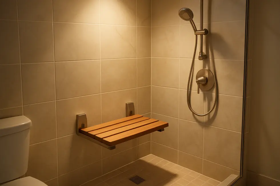 A modern bathroom featuring a wall-mounted wooden shower seat, emphasizing style and comfort.