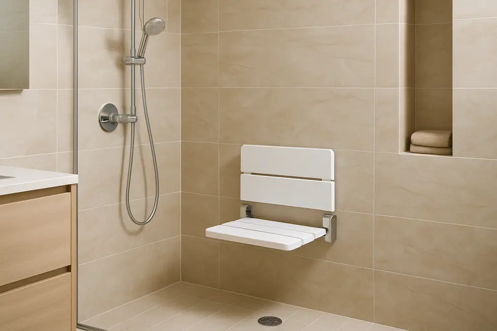 Various designs of wall-mounted shower seats cater to both style and functionality.