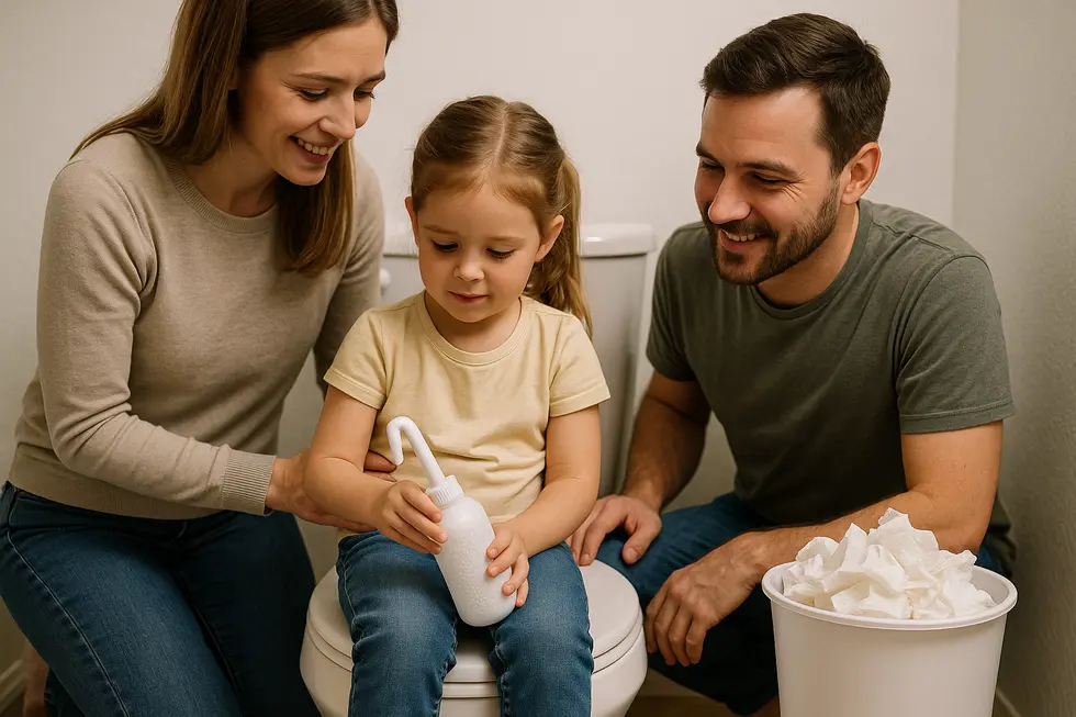 Family utilizing a portable bidet to cut down on toilet paper waste.