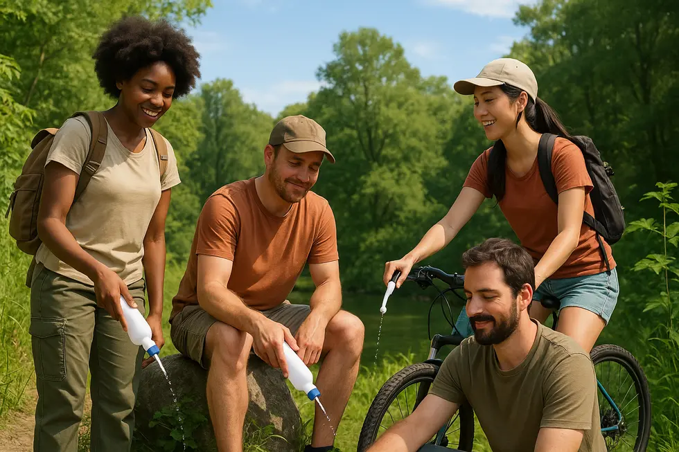 Travelers using portable bidets, symbolizing reduced environmental impact through less paper waste.