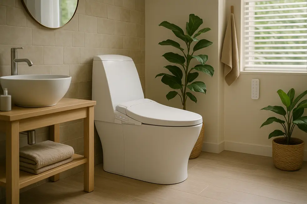 A modern family bathroom featuring a bidet toilet with smart and eco-friendly features.