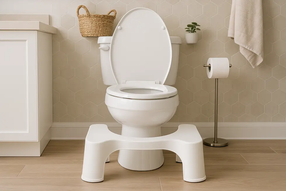 A family bathroom displaying a toilet stool for improved comfort and usage.