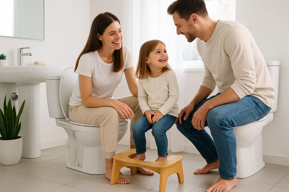 A family in a bathroom setting using a toilet stool, highlighting digestive health and lifestyle enhancements.