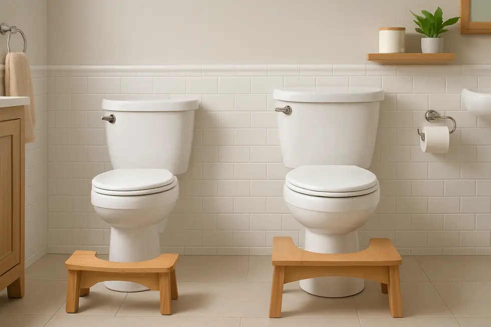 A family bathroom with different height toilet stools in front of standard and comfort-height toilets.