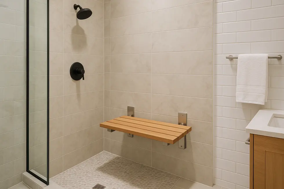 A family bathroom showcasing a wall-mounted shower bench, blending safety and style for a modern look.