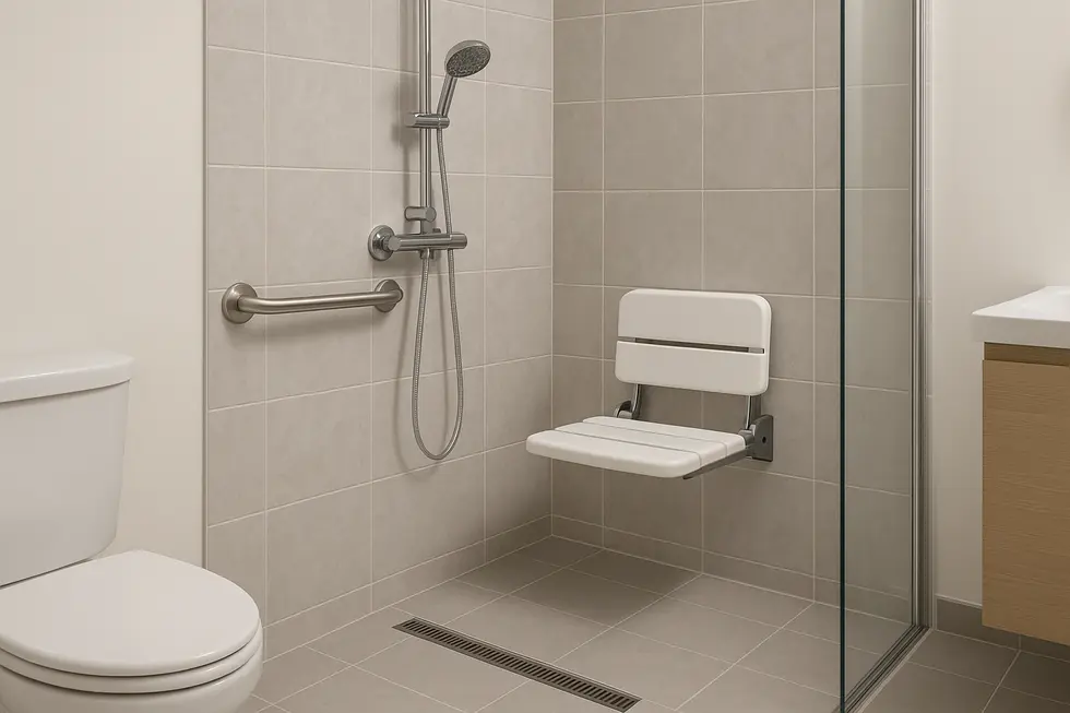 An image of a contemporary family bathroom highlighting a safe wall-mounted shower seat.