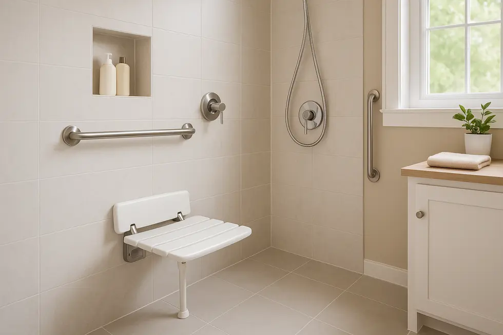 Spacious family bathroom with a prominently featured wall-mounted shower seat showcasing comfort and style.