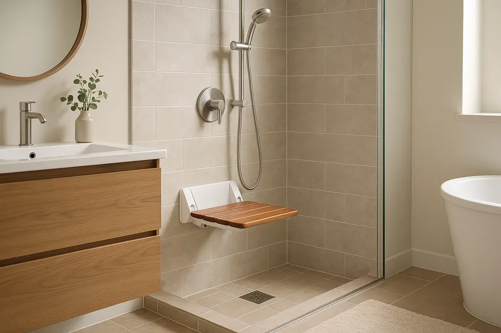 Bright family bathroom with a stylish, top-rated wall mounted shower seat, emphasizing safety and modern design.