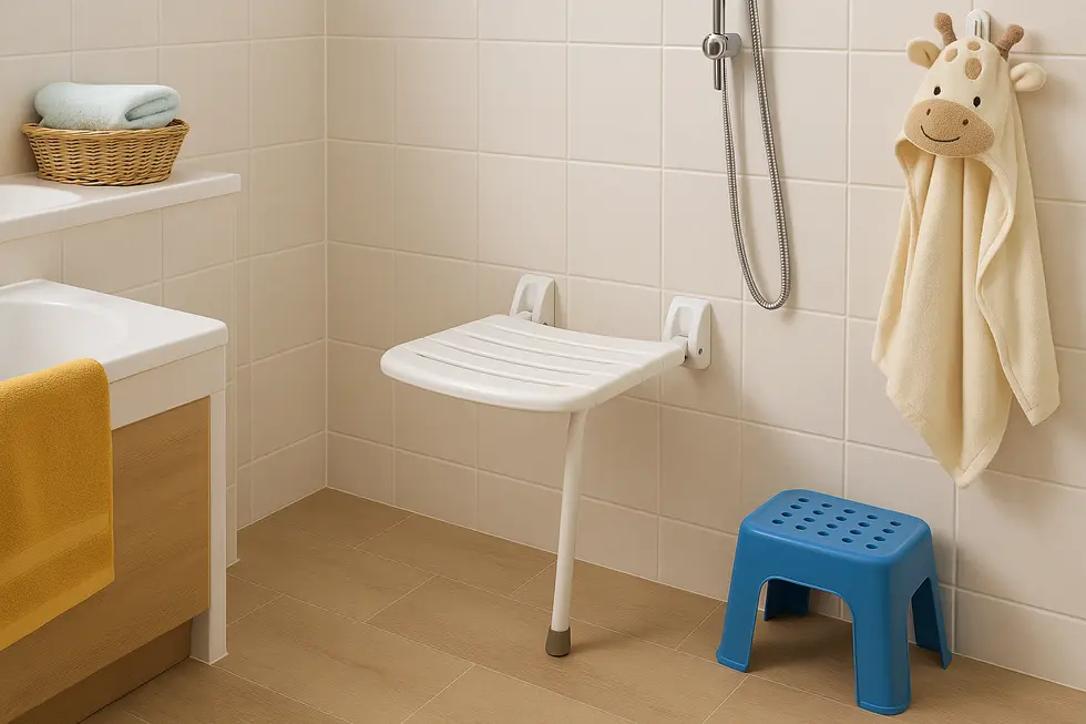 A bathroom with a newly installed wall-mounted shower seat, emphasizing family utility and safety.