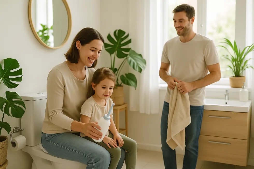 A family uses a portable bidet in a home bathroom setting adorned with plants, emphasizing eco-friendly living.
