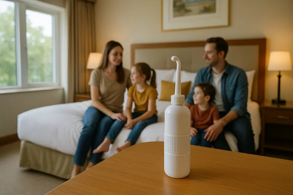 A cozy hotel room with a portable bidet, reflecting its role in enhancing family travel experiences.