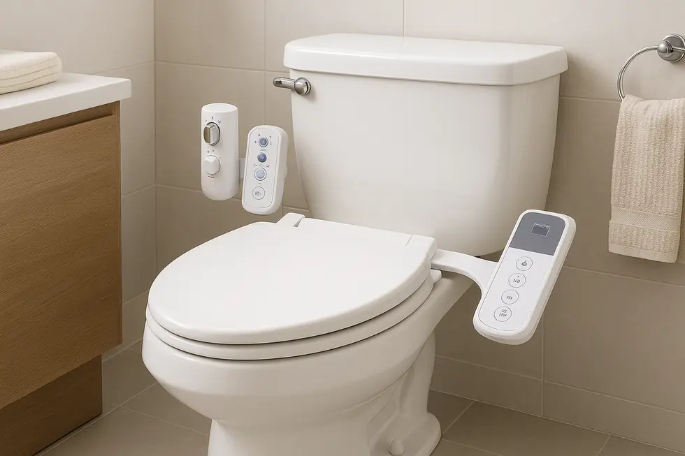 Various bidet attachments featured in a sleek, modern bathroom setting.