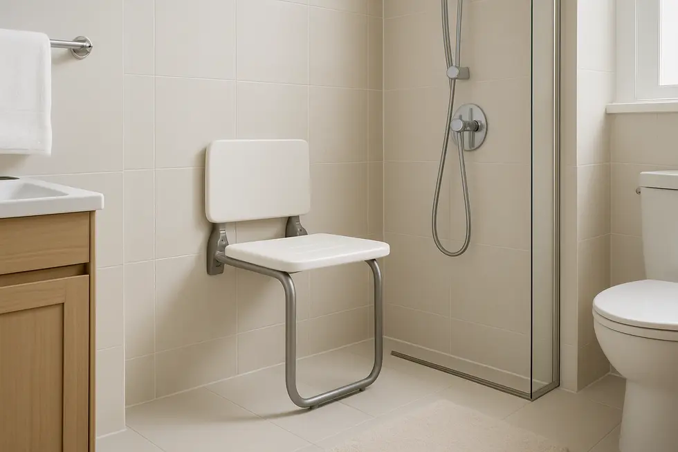 A bathroom with a wall-mounted shower seat designed for family use, highlighting safety and accessibility.