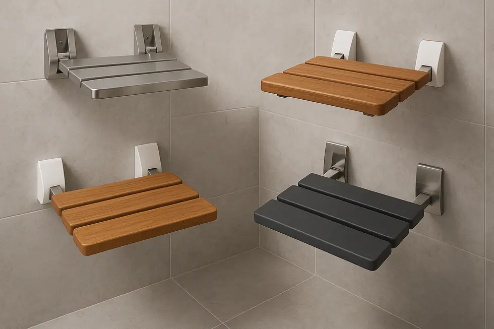 A variety of folding wall-mounted shower seats in different materials and styles.