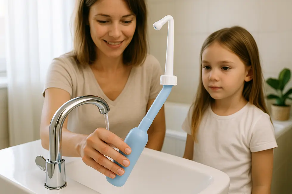 Hands demonstrating the filling and use of a portable bidet in a family-friendly setting.