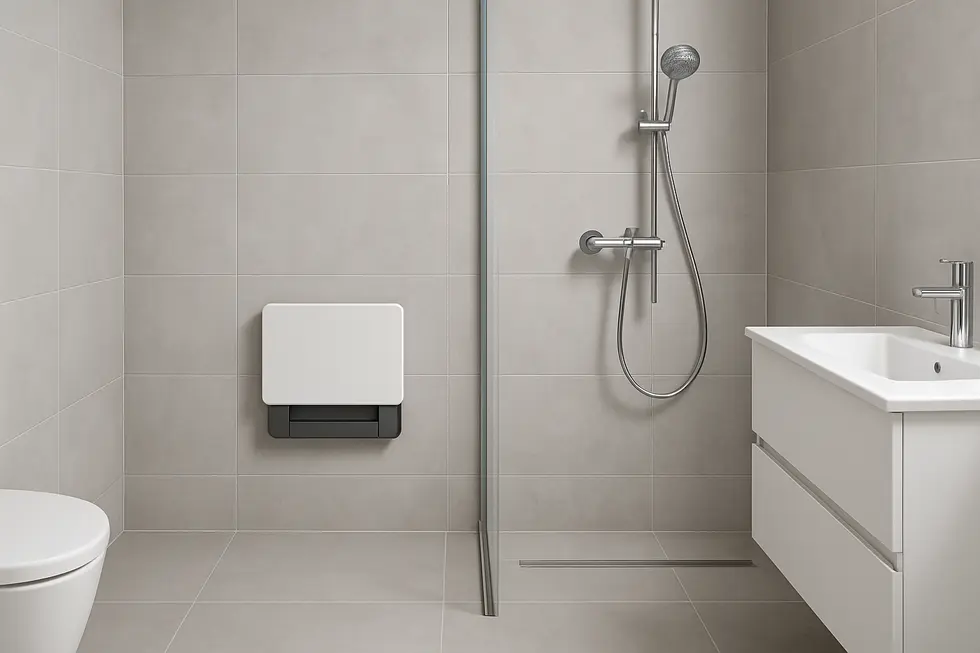 Minimalist bathroom with a folding wall-mounted shower seat, representing innovative design.