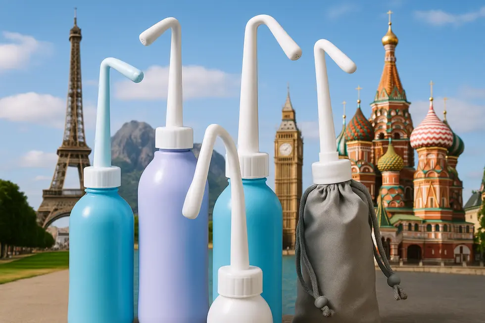 Various portable bidet models with global travel destinations in the background, showing worldwide use.