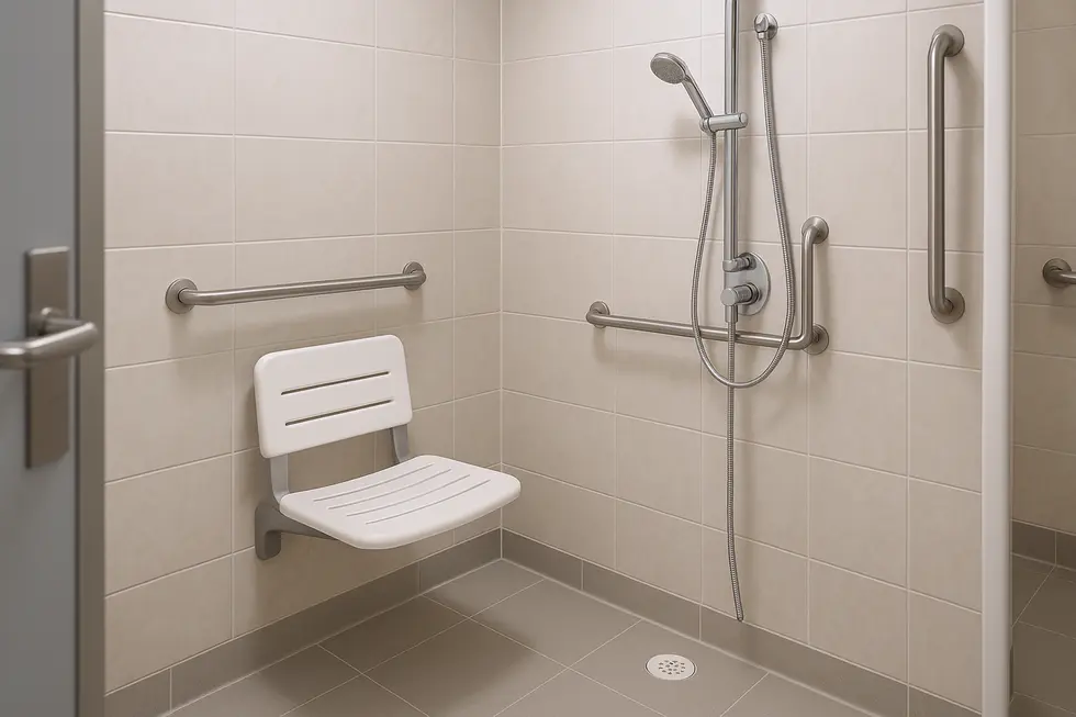 A hospital bathroom with a wall-mounted shower seat, showcasing modern design and safety features.