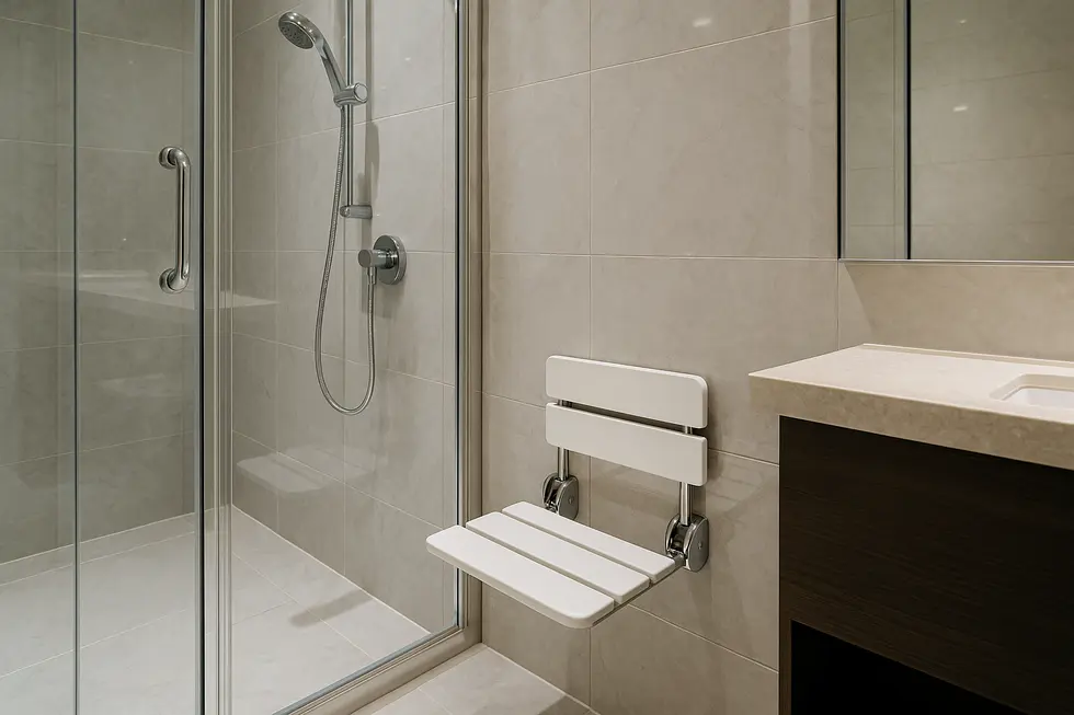 A modern hotel bathroom with a wall-mounted shower seat, showcasing design and function.