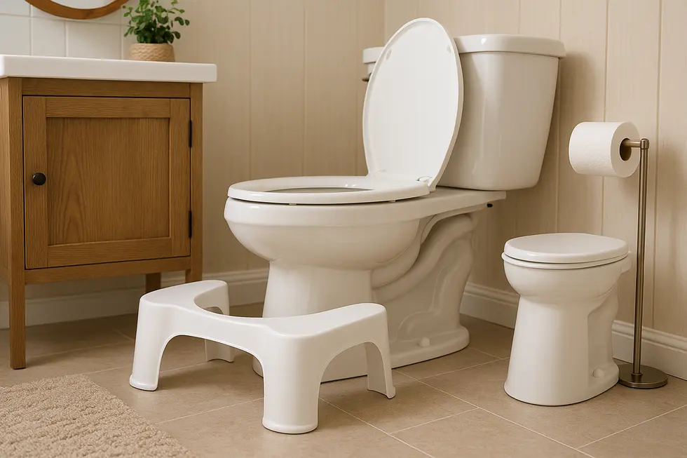 Toilet stools matched with both standard and chair-height toilets in a bathroom.