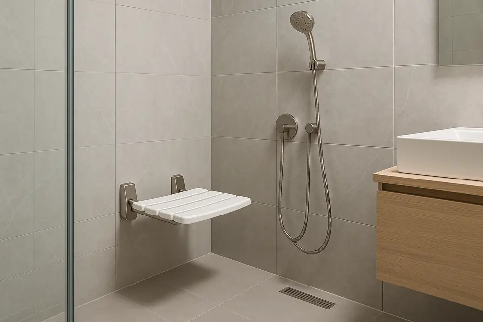 Comparing materials: Teak, phenolic resin, and stainless steel in shower seat construction.