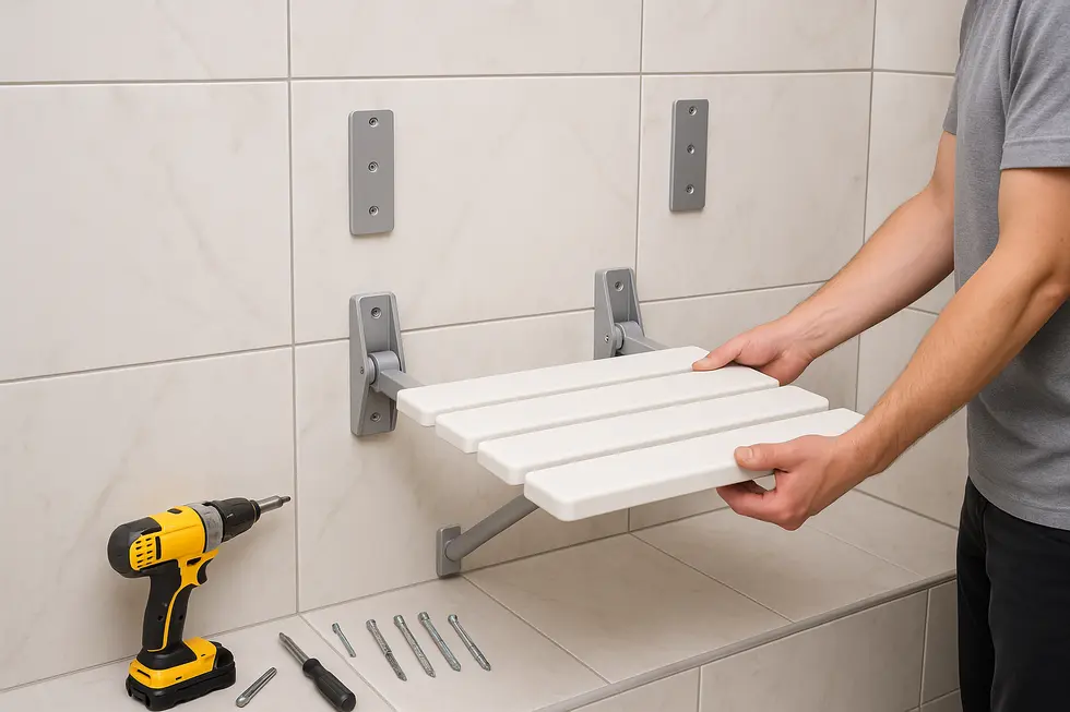 A variety of folding wall-mounted shower seats in different materials and styles.